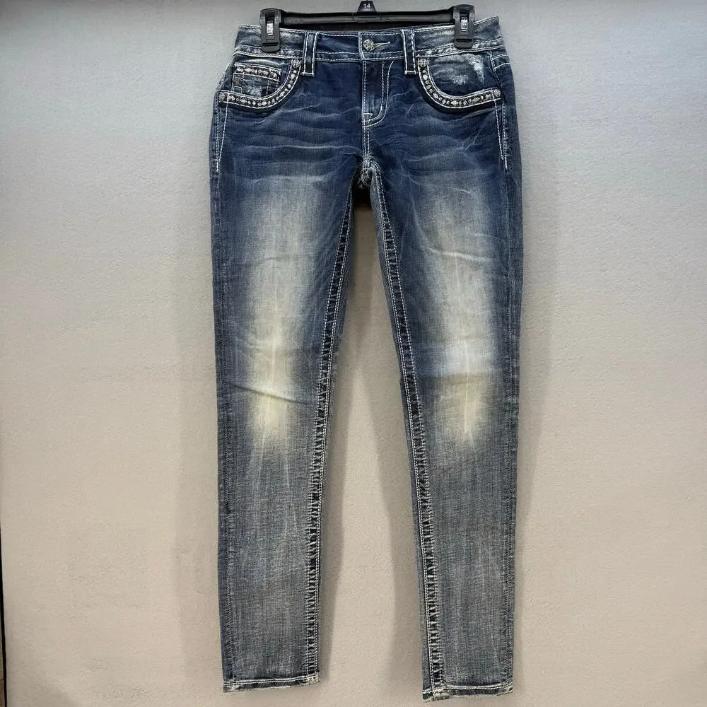 Miss Me Jeans Women's 27x31 Blue Signature Skinny Mystic Embellished Preppy - Picture 3 of 12